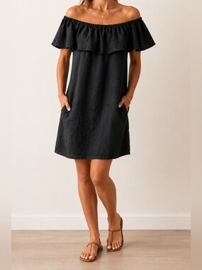 Tommy Bahama St Lucia Black Linen Blend Off Shoulder Ruffle Dress XS Resort
